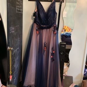 Navy blue and pink floor length ballroom dress